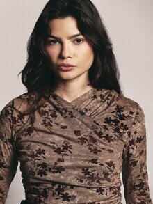 KSTM Floral Print Long Sleeve Wrap V-Neck Ruched Fitted Blouse Top With All Over Botanical Pattern - Coffee Brown - View 4