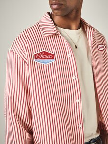 SUMWON Striped Cropped Overshirt With Patch Logo Applique Spread Collar Long Sleeve Boxy Fit Button Front Casual Streetwear Jacket - Red - View 5