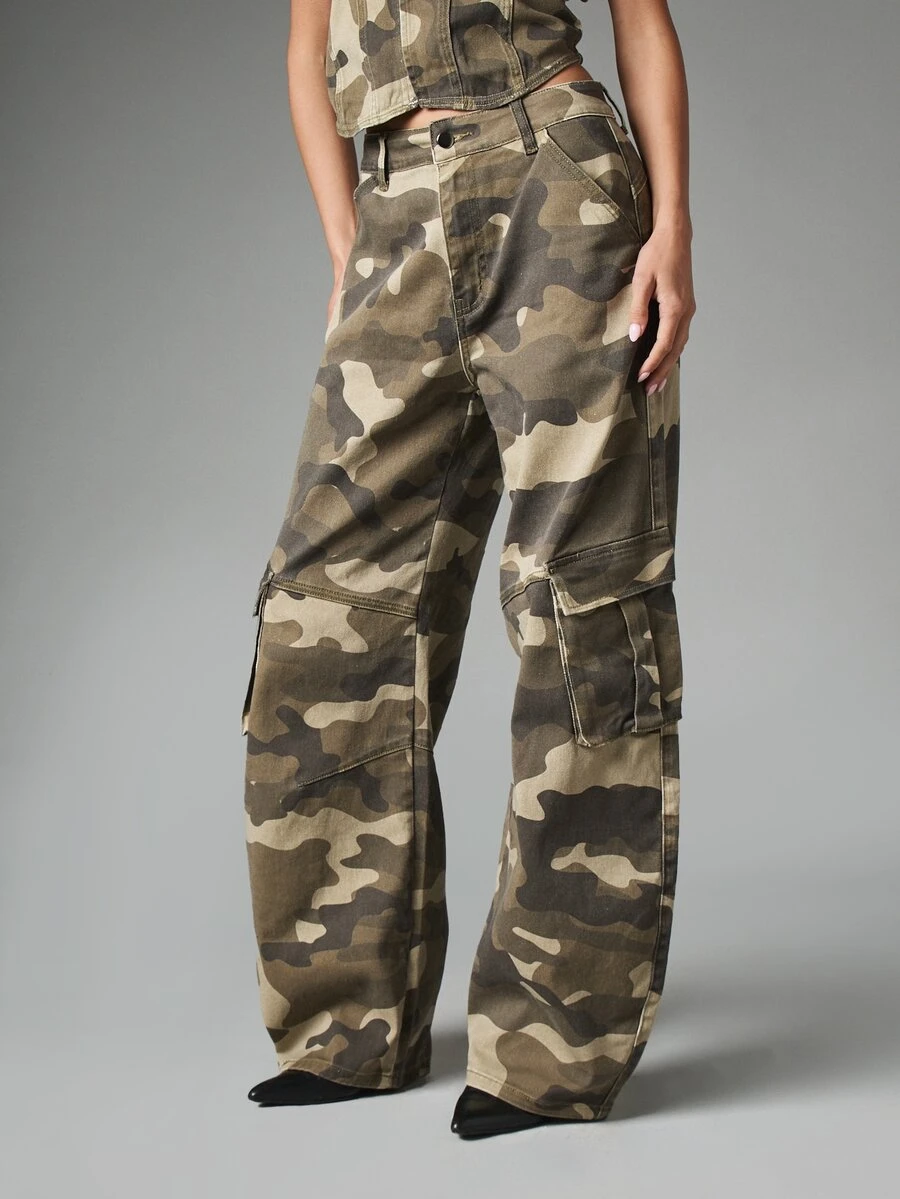 MISSGUIDED Wide Leg Camouflage Cargo Pants With Large Side Pockets High Rise Full Length Loose Fit Utility Street Style Trousers - Multicolor - View 1