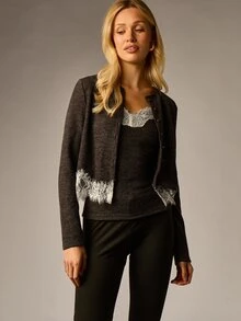 AiiRZ Cami And Ribbed Knit Cropped Cardigan With White Lace Trim Hem And Cuffs Button Front Closure Long Sleeve Autumn Layering Set - Dark Grey - View 1