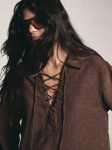 KSTM Lace-Up Plunge Neckline Suede Blouse With Metal Eyelets Long Sleeve Oversized Boxy Casual Streetwear Top - Coffee Brown - View 4