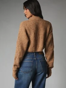 MISSGUIDED Cropped Turtleneck Ribbed Sweater With Long Sleeves And Fuzzy Knit Texture In Relaxed Oversized Fit For Everyday Casual Wear - Coffee Brown - View 2