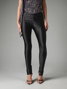 MISSGUIDED High Rise Ruched Front Satin Finish Skinny Leggings With Split Ankle Detail And Elasticated Waistband For Evening Night Out - Black - View 1
