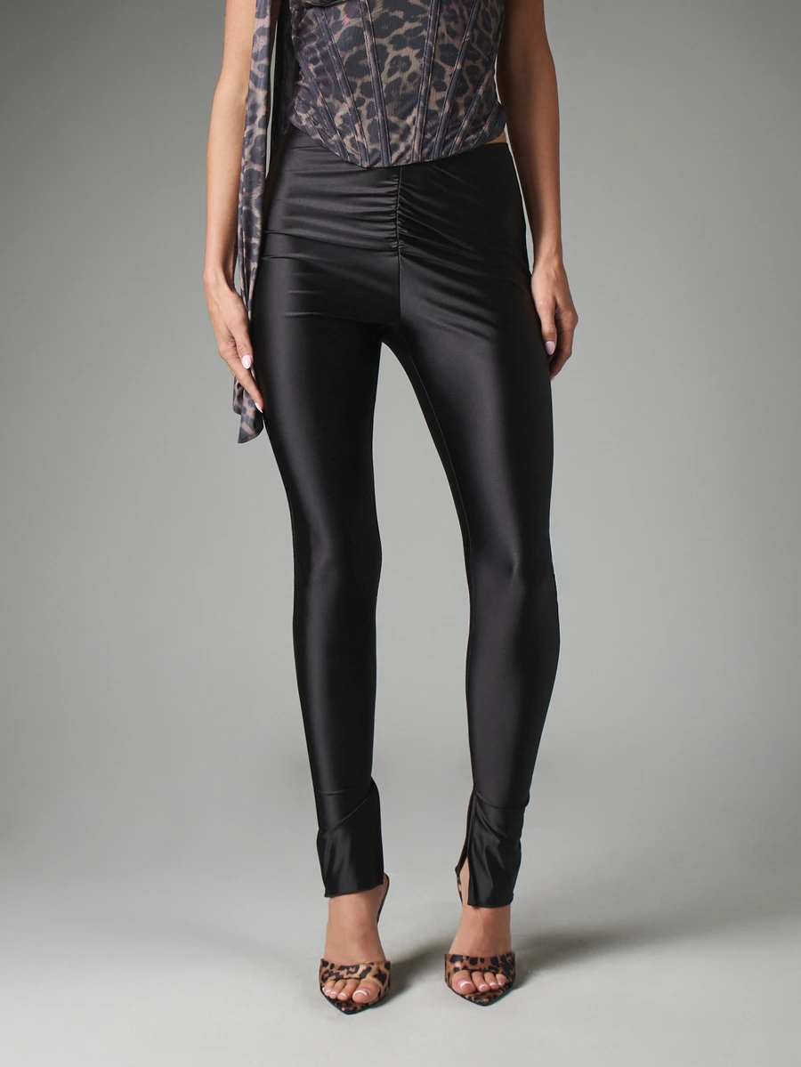 MISSGUIDED High Rise Ruched Front Satin Finish Skinny Leggings With Split Ankle Detail And Elasticated Waistband For Evening Night Out - Black - View 1