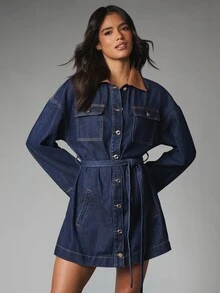 MISSGUIDED Denim Mini Shirt Dress With Contrast Suede Collar Belted Waist Bell Sleeves Chest Pockets And Button Front Closure - Medium Wash - View 5