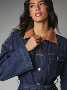MISSGUIDED Denim Mini Shirt Dress With Contrast Suede Collar Belted Waist Bell Sleeves Chest Pockets And Button Front Closure - Medium Wash - View 4