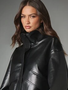 MISSGUIDED Faux Leather Cropped Puffer Jacket With Stand Collar Zip Closure And Panelled Seam Detailing Oversized Fit - Black - View 3