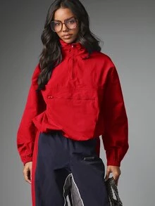MISSGUIDED Áo khoác anorak chui đầu nửa khóa kéo, cổ giả, cổ tay bo chun, túi khóa kéo trước ngực, vải dệt - Đỏ - Xem 5