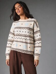 MISSGUIDED Fair Isle Snowflake Knit Sweater Crew Neck Long Puff Sleeve Oversized Winter Pullover With Geometric Nordic Pattern - Multicolor - View 1