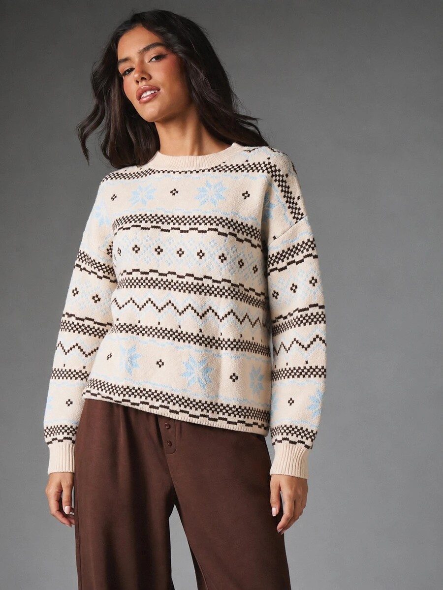MISSGUIDED Fair Isle Snowflake Knit Sweater Crew Neck Long Puff Sleeve Oversized Winter Pullover With Geometric Nordic Pattern - Multicolor - View 1
