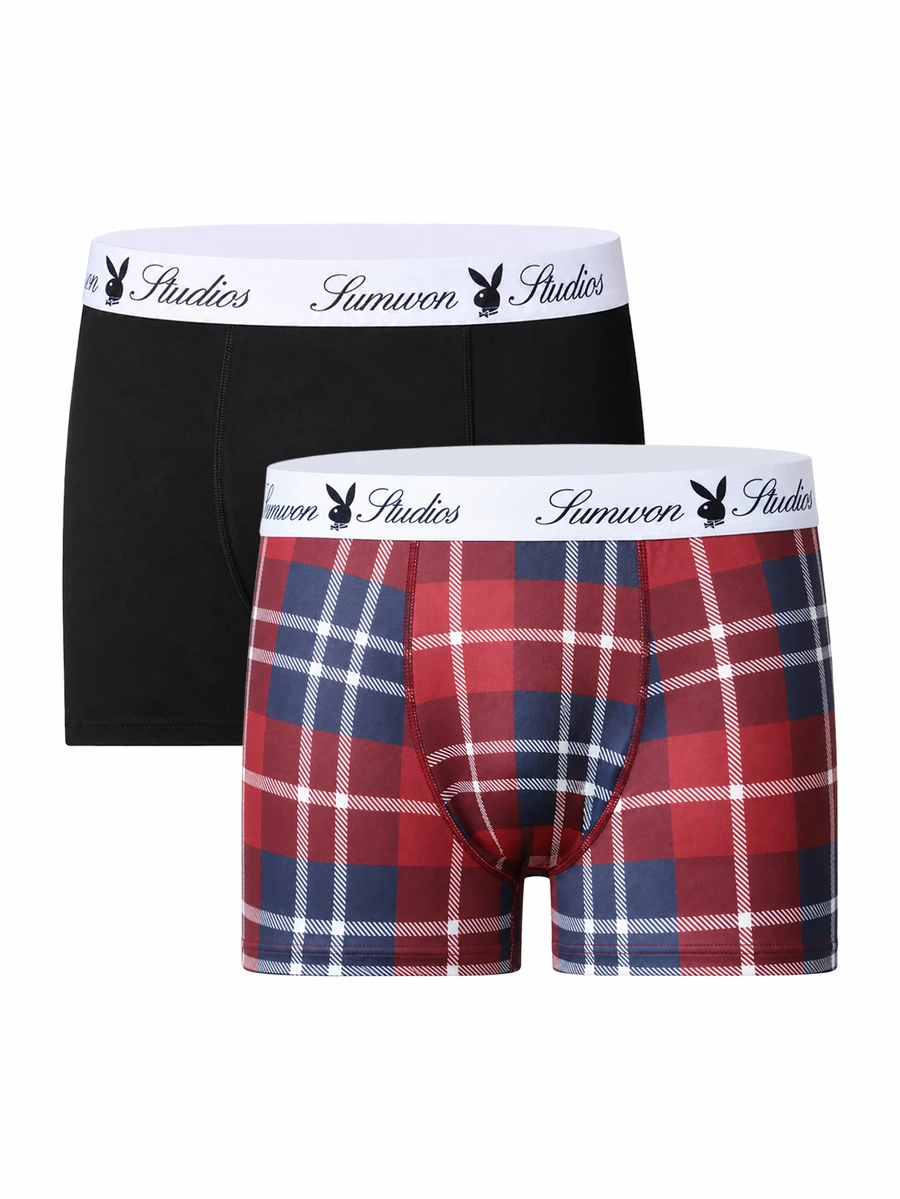 PLAYBOY X SUMWON Bunny Logo Waistband Boxer Briefs Trunks Plaid Print Underwear 2-Pack Multicolor - Multicolor - View 1