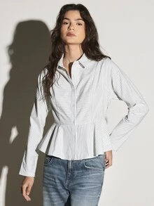 KSTM Striped Button-Front Collared Shirt With Peplum Hem And Long Sleeves Casual Everyday Woven Top - Blue and White - View 4
