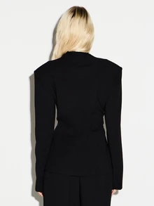 KIZN Fitted Black Blazer With Deep V-Neck Lace Lapel Trim And Button Closure Structured Shoulders Evening Wear Jacket - Black - View 2