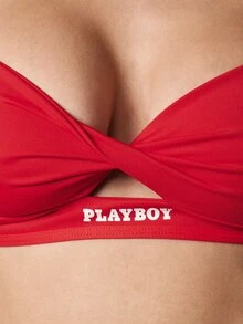 Missguided x Playboy Logo Sweetheart Neckline Sleeveless Crop Bralette Top With Twist Cut-Out Front Detail - Red - View 5