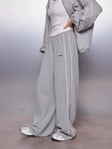 MISSGUIDED Wide Leg Casual Pants With White Contrast Piping Detail Elastic Waist Side Pockets Full Length Lounge Trousers - Grey - View 1