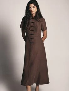 KSTM Suede Midi Dress With Mandarin Collar Frog Button Closure Short Sleeves A-Line Silhouette Chinese Inspired Design - Coffee - View 1