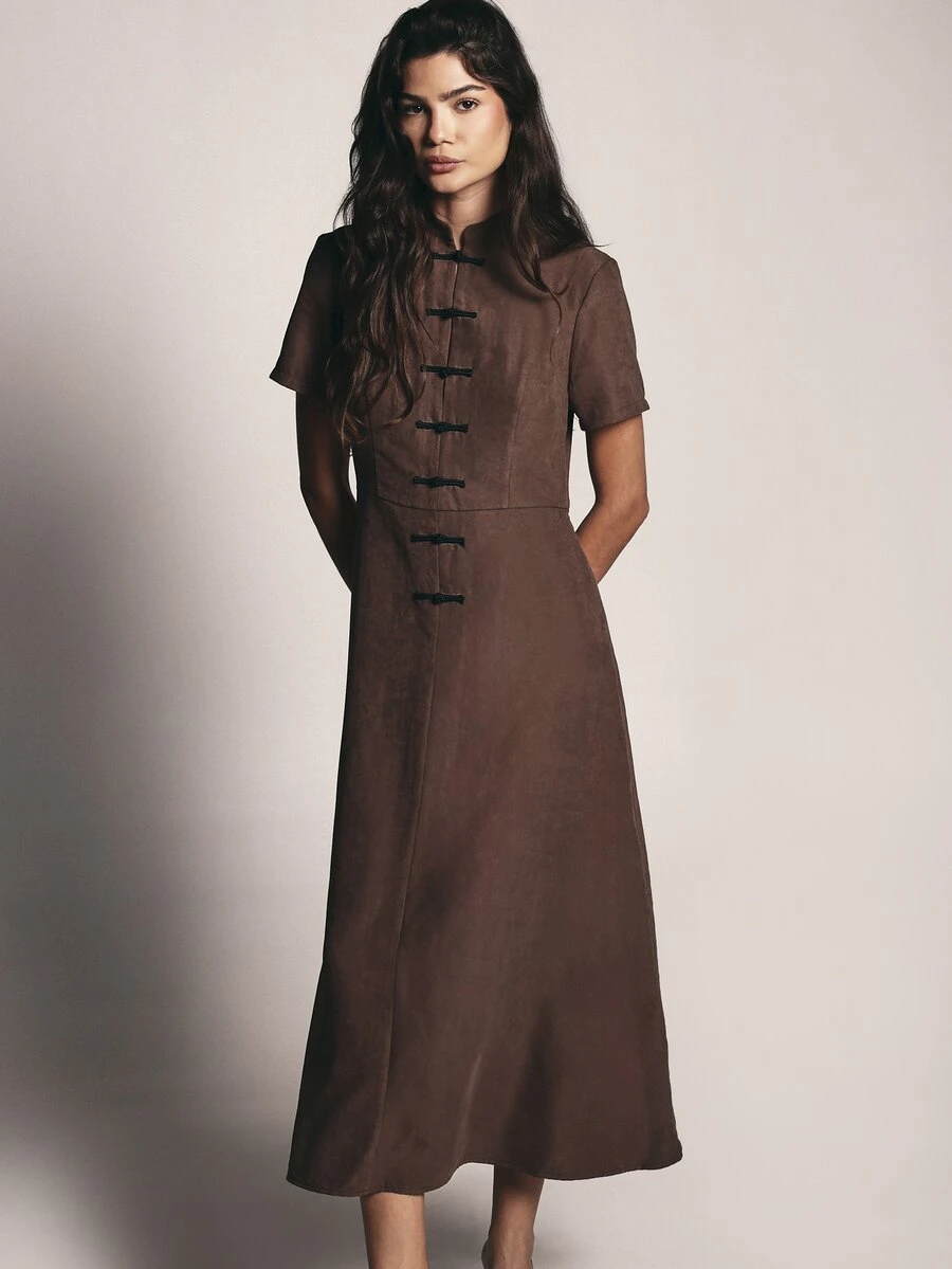KSTM Suede Midi Dress With Mandarin Collar Frog Button Closure Short Sleeves A-Line Silhouette Chinese Inspired Design - Coffee - View 1