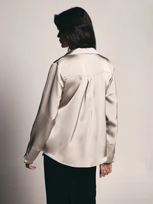 KSTM Satin Wrap Blouse With Side Tie Detail V-Neck Long Sleeve Crossover Front Button Cuff Elegant Evening Top - Khaki - View 2