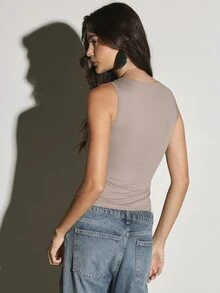 KSTM Ruched Sleeveless V-Neck Tank Top With Twist Front Detail Slim Fit Stretchy Casual Everyday Night Out Style - Brown - View 2