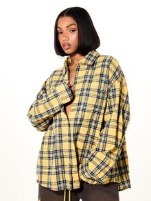 SUMWON Oversized Plaid Flannel Shirt With Rhinestone Embellishments Longline Button-Down Collared Top With Chest Pocket And Long Boxy Sleeves - Yellow - View 1