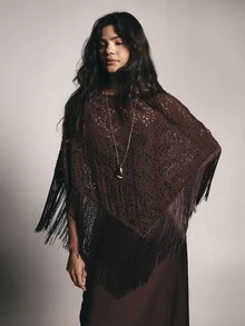 KSTM Floral Lace Fringe Poncho Batwing Sleeve Open Knit Shawl Cape Top With Tassel Hem Boho Festival Style - Coffee Brown - View 4