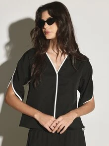 KSTM V-Neck Crop Blouse With White Contrast Piping Trim And Split Short Sleeves Relaxed Oversized Fit Casual Everyday Style - Black - View 4