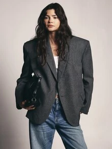 KSTM Oversized Structured Blazer With Strong Shoulders Notched Lapels Single Button Closure And Welt Pockets For Everyday Workwear - Dark Grey - View 1