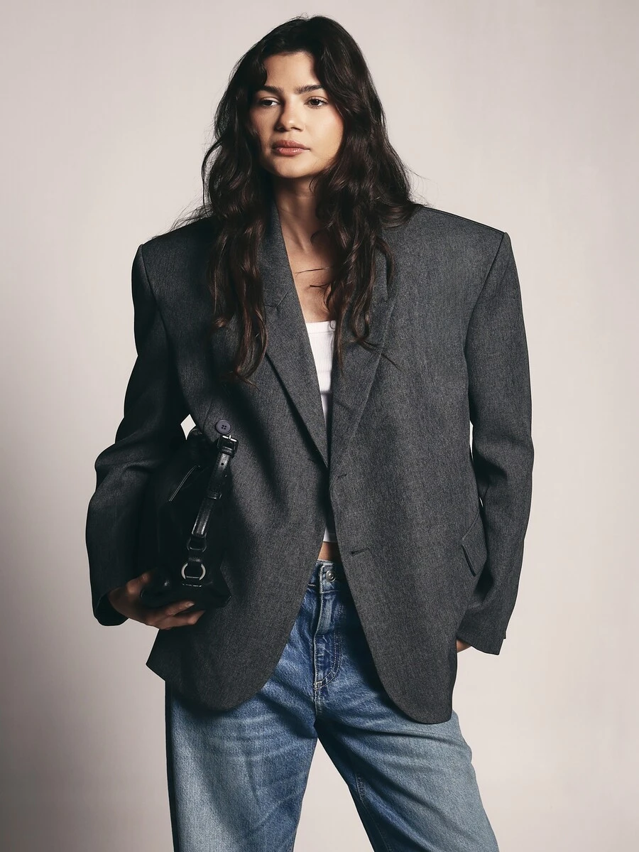 KSTM Oversized Structured Blazer With Strong Shoulders Notched Lapels Single Button Closure And Welt Pockets For Everyday Workwear - Dark Grey - View 1