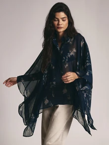 KSTM Sheer Chiffon Floral Print Batwing Sleeve Collared Blouse With Draped Handkerchief Hem And Oversized Flowing Silhouette - Multicolor - View 3