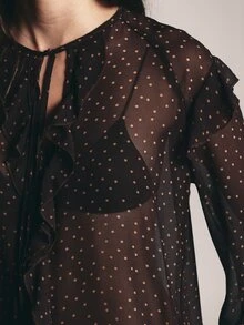 KSTM Sheer Chiffon Polka Dot Ruffle Blouse With Notch Neck Tie Detail Puff Long Sleeves And Frilly Front Trim - Coffee Brown - View 5