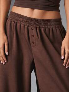MISSGUIDED Wide Leg Casual Pants With Elastic Smocked Waistband Button Detail And Side Pockets In Full Length Relaxed Silhouette - Coffee Brown - View 6