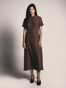 KSTM Suede Midi Dress With Mandarin Collar Frog Button Closure Short Sleeves A-Line Silhouette Chinese Inspired Design - Coffee - View 6