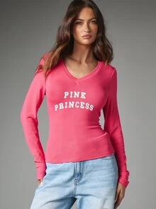 MISSGUIDED Ribbed Knit V-Neck Long Sleeve Fitted Top With Chest Text Slogan Print In Bold Collegiate Font Casual Everyday Style - Pink - View 1