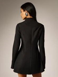 AiiRZ Long Sleeve High Neck Mini Dress With Bell Cuffs Structured Peplum Flare Skirt Tailored Seam Detail Back Zip Closure - Black - View 2