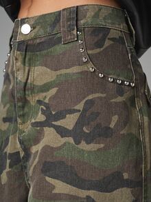 MISSGUIDED Wide Leg Camouflage Cargo Pants With Stud Detailing Large Side Cargo Pockets Mid Rise Full Length Street Style - Army Green - View 5