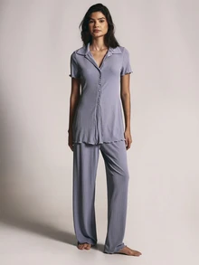 KSTM Ribbed Knit Pajama Co-Ord Set With Button-Up Collared Tunic Top And Wide Leg Full Length Lounge Pants - Blue - View 1