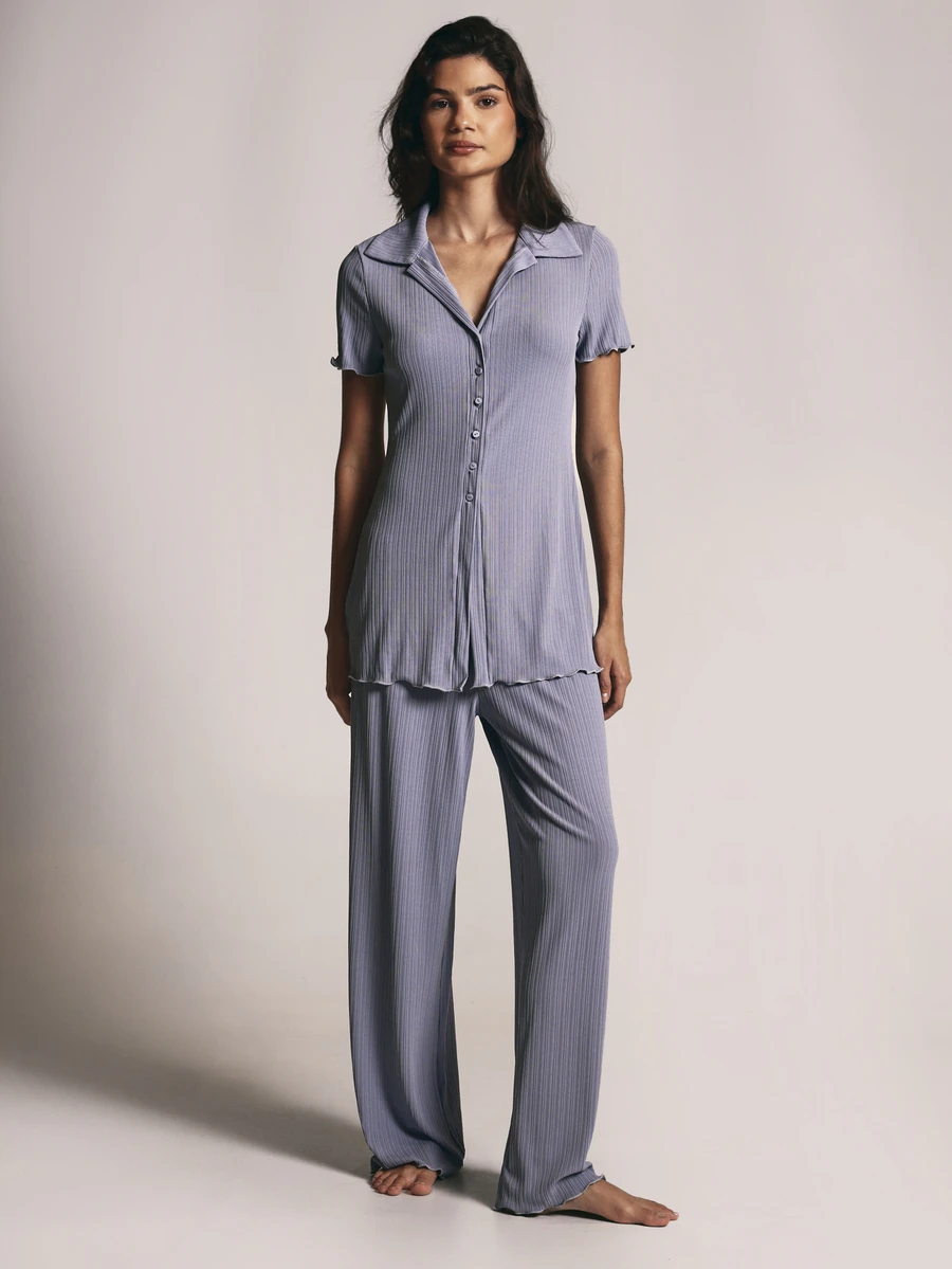 KSTM Ribbed Knit Pajama Co-Ord Set With Button-Up Collared Tunic Top And Wide Leg Full Length Lounge Pants - Blue - View 1
