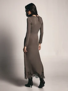 KSTM Long Sleeve Crew Neck Dress With Lace Hem Trim Fitted Sheath Silhouette Smooth Knit Fabric Evening Style - Dark Grey - View 2