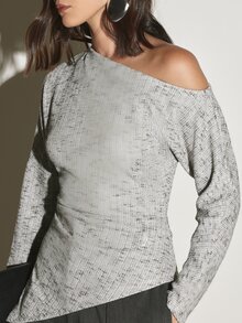 KSTM Asymmetric One-Shoulder Long Sleeve Ribbed Knit Top With Side Ruching And Marled Texture - Grey - View 5