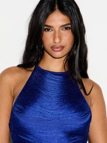 KIZN Metallic Ruched Halter Neck Crop Top With Open Back Tie Detail And Fringe Hem For Night Out - Blue - View 5