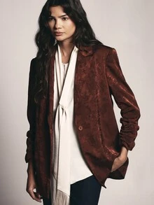 KSTM Jacquard Satin Blazer With Abstract Pattern Lapel Collar Single Button Closure And Ruched Sleeves Hip Length Regular Fit - Brown - View 1