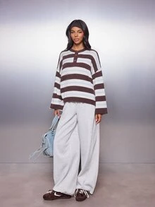 MISSGUIDED Oversized Striped Knit Henley Sweater Top With Button Placket Crew Neck And Wide Boxy Long Sleeves Casual Everyday Pullover - Multicolor - View 3