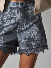MISSGUIDED High Rise Denim Shorts With Allover Lace Floral Print And Scalloped Lace Trim Hem Casual Mid Thigh Length - Blue - View 3
