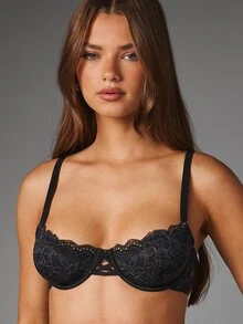 MISSGUIDED Floral Lace Balconette Bra With Scalloped Edge Metallic Gold Thread Detail Thin Adjustable Straps And Underwire Support - Black - View 1