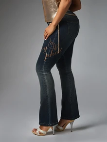 BABYPHAT Bootcut Jeans With Gold Embroidered Logo And Cat Pocket Detail In Dark Wash Stretch Denim - Blue - View 3