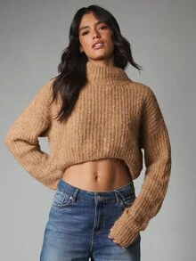 MISSGUIDED Cropped Turtleneck Ribbed Sweater With Long Sleeves And Fuzzy Knit Texture In Relaxed Oversized Fit For Everyday Casual Wear - Coffee Brown - View 5