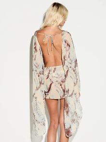 KIZN Watercolor Abstract Print Chiffon Mini Dress With Batwing Sleeves Open Back Tie Detail Elastic Waist Beach Cover Up - Grey - View 2