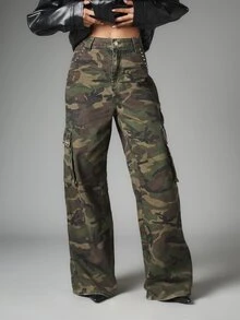 MISSGUIDED Wide Leg Camouflage Cargo Pants With Stud Detailing Large Side Cargo Pockets Mid Rise Full Length Street Style - Army Green - View 3
