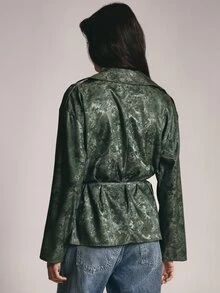 KSTM Jacquard Satin Wrap Style Blouse With Cowl Neckline Long Sleeve Tie Waist Belted Abstract Shimmer Pattern Oversized Tunic Top - Dark Green - View 2