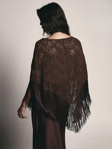KSTM Floral Lace Fringe Poncho Batwing Sleeve Open Knit Shawl Cape Top With Tassel Hem Boho Festival Style - Coffee Brown - View 2
